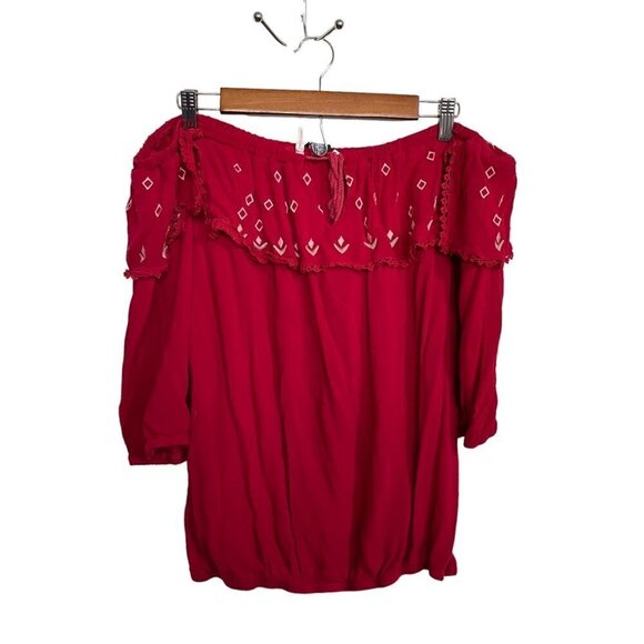 Angela Plus Womens Red Off Shoulder Embroidered Tassel 3/4 Sleeve Blouse 3XL - Picture 1 of 9